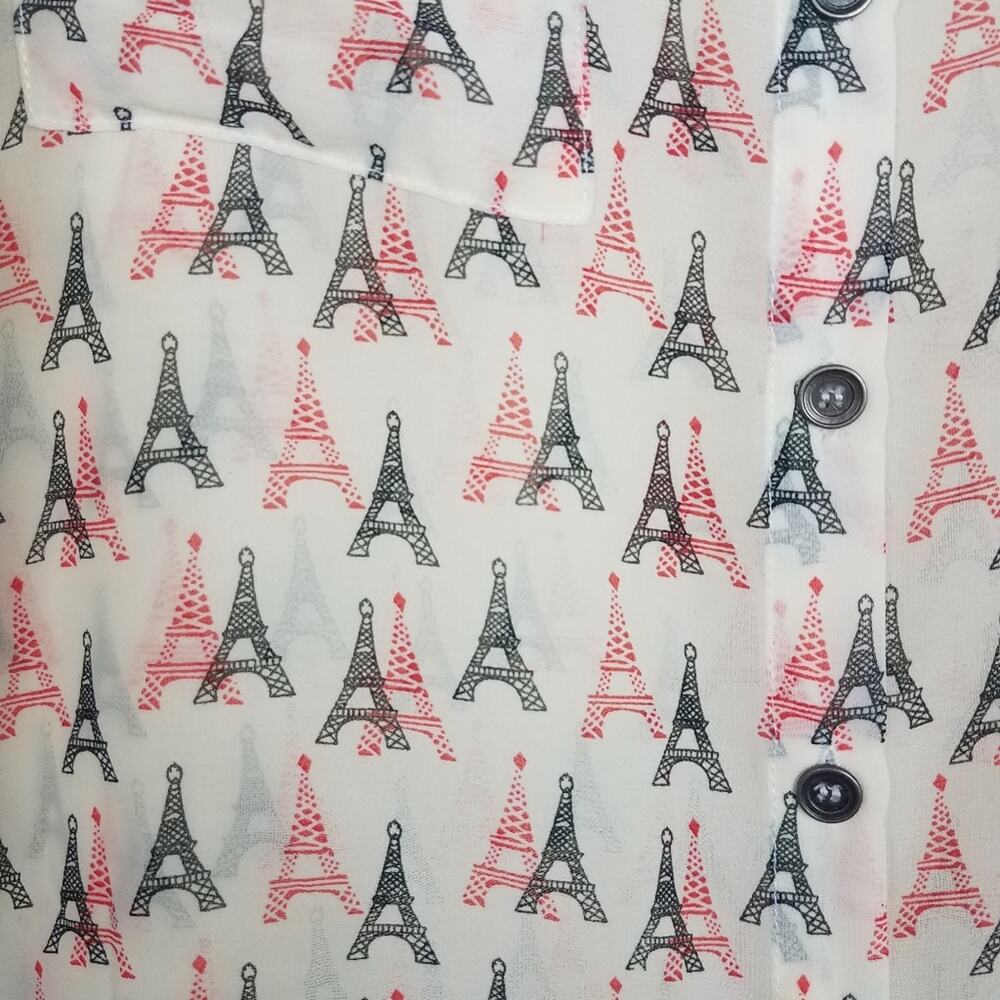 Eiffel Tower Print Sheer Tank W/ Pockets & Buttons - image 4